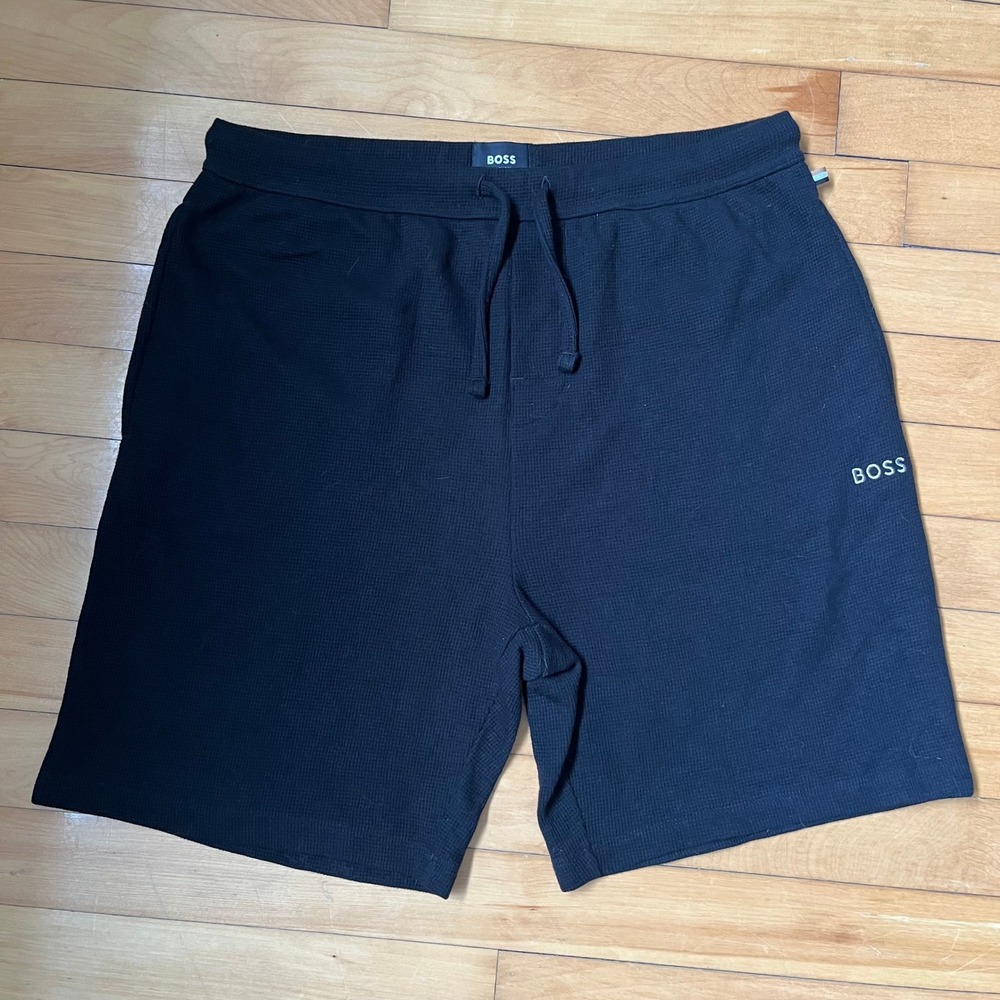Hugo Boss Homewear Mens Black Waffle Knit Thermal Lounge Shorts Drawstring XL